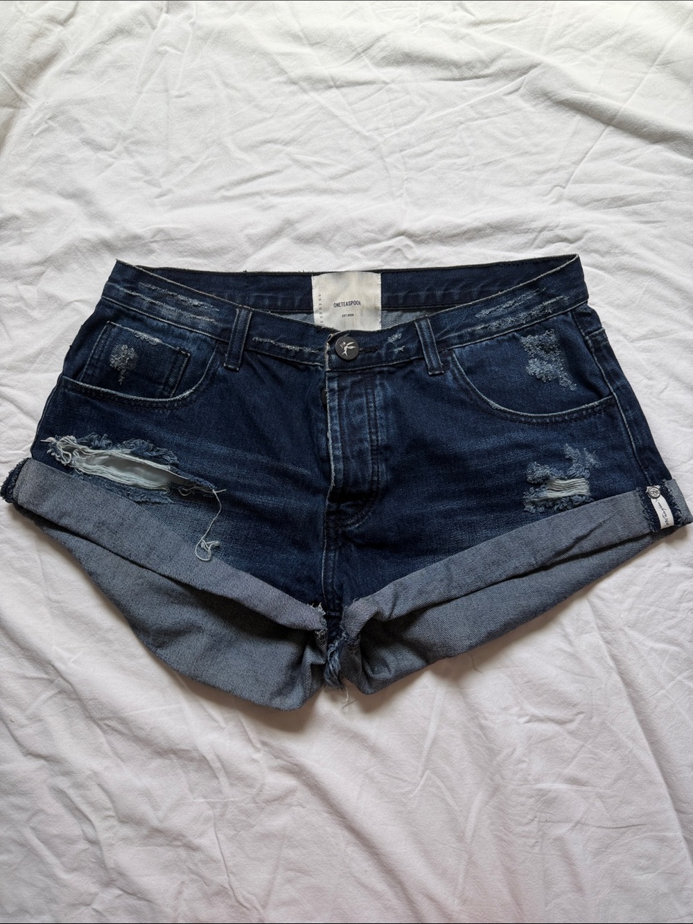 One Teaspoon Dark Indigo Distressed Cuffed Denim Shorts